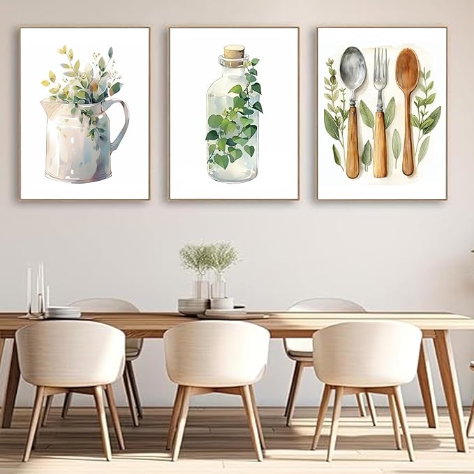 YFvrPt Boho Kitchen Wall Decor Set of 3 Dining Room Canvas Poster Kitchen Sage Green Plants Botanical Prints Eucalyptus Leaves Wall Art Minimalist Dining Room Pictures Artwork Unframed 12x16 inch