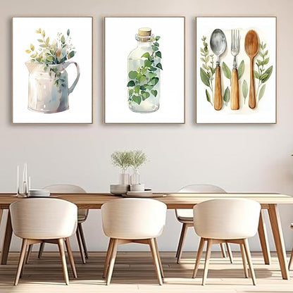 YFvrPt Boho Kitchen Wall Decor Set of 3 Dining Room Canvas Poster Kitchen Sage Green Plants Botanical Prints Eucalyptus Leaves Wall Art Minimalist Dining Room Pictures Artwork Unframed 12x16 inch