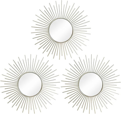 3 Pack Metal Mirrors for Wall Sunburst Wall Mirrors Home Décor Decorative Hanging Wall Art for Living Room Bedroom Entryway (Silver2, Sunburst)