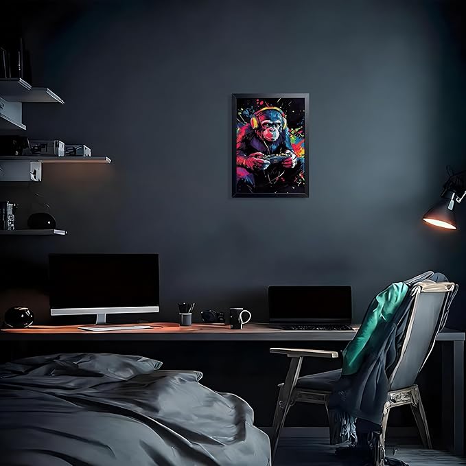 Gamer Monkey Wall Art, Gorilla Playing Video Game with Controller Canvas Print Poster, Colorful Graffiti Gaming Animal Painting, Boys Room Game Room Wall Decor 8x10 Inch Wood Framed