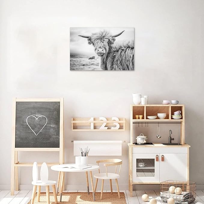 Highland Cow Canvas Wall Art Black and White Animal Canvas Picture Framed Art Artwork Wall Decor Framed for Living room Bedroom (28x44 inch)