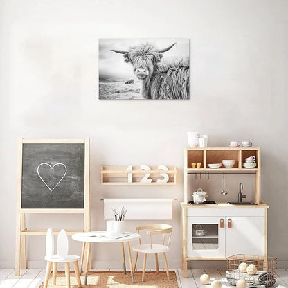 Black and White Cow Bull Yak Canvas Picture Wall Decor Farmhouse Baby Highland Cow Decor Bathroom Picture Wall Art Framed for Home Office (12x16 inch)