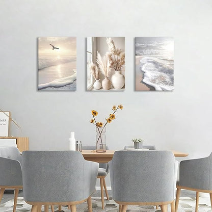 3 Pcs Beach Seaside Wall Art for Bedroom, Modern Beige Reeds Botanical Wall Picture Aesthetic Nature Coastal Sunset Landscape Wall Painting Poster Art Prints for Bedroom Office Home Decor 12"x16"x3Pcs