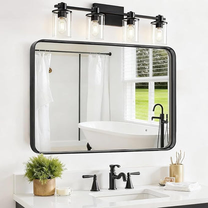 Bathroom Mirror 30x22 Inch Black Metal Frame Rectangle Vanity Mirror with Rounded Corners, Modern Wall Mounted Anti-Rust Mirror for Farmhouse, Restroom, Entryway, Horizontal or Vertical Hanging