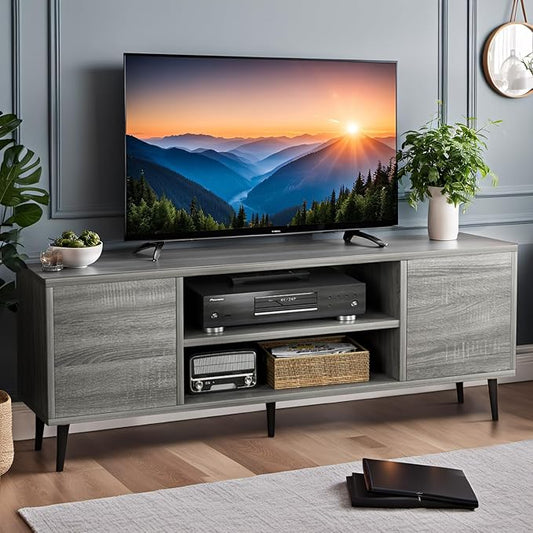 YESHOMY Modern TV Stand for 65" Television, Entertainment Center with Two Storage Cabinets, Retro Style Media Console for Living Room, Bedroom, Office, 58 Inch Classic, Light Gray