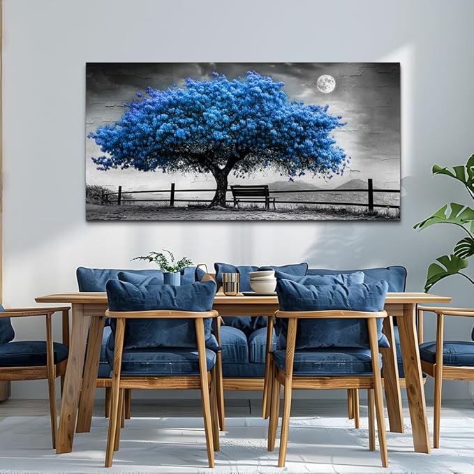 FUHAIHUA Canvas Wall Art For Living Room Large Wall Decor For Office Bedroom Decorations Black And White Landscape Pictures Blue Tree Painting Artwork Room Wall Mural Aesthetic Home Decor 30x60 In
