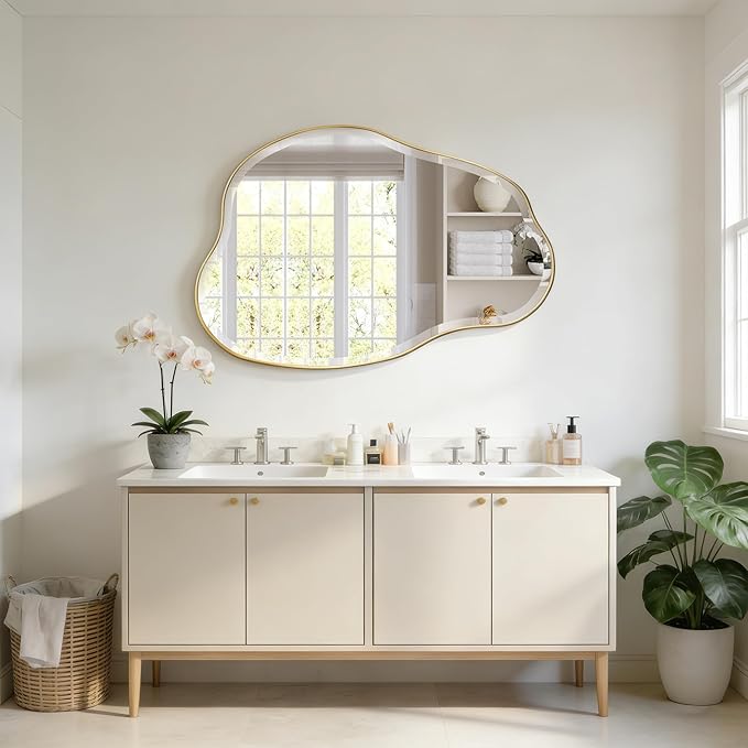 POZINO Irregular Beveled Mirror, 36"x24" Asymmetrical Bathroom Vanity Mirror with Gold Metal Frame, Cloud Shaped Wall Mirrors for Living Room Bedroom Hallway Entryway, Horizontal/Vertical Hanging