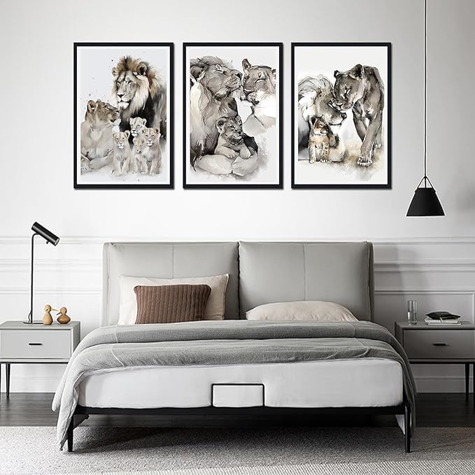 Watercolor Nature Animals Framed Canvas Wall Art 3 Pieces Lion Family Portrait Wall Decor for Country Apartment Living Room Bedroom Wildlife Animals Artwork Decoration Easy to Hand 24x36inchx3pcs