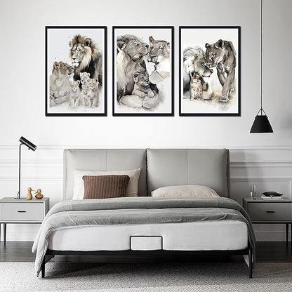 Watercolor Nature Animals Framed Canvas Wall Art 3 Pieces Lion Family Portrait Wall Decor for Country Apartment Living Room Bedroom Wildlife Animals Artwork Decoration Easy to Hand 24x36inchx3pcs