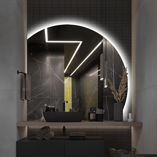 Niccy 48" LED Bathroom Mirror with Lights, Half Moon Led Mirrors, Irregular Backlit Mirrors for Entryway, Anti-Fog, Dimmable, Makeup Mirror, Explosion Proof, Round Lighted Vanity Mirrors, White Light