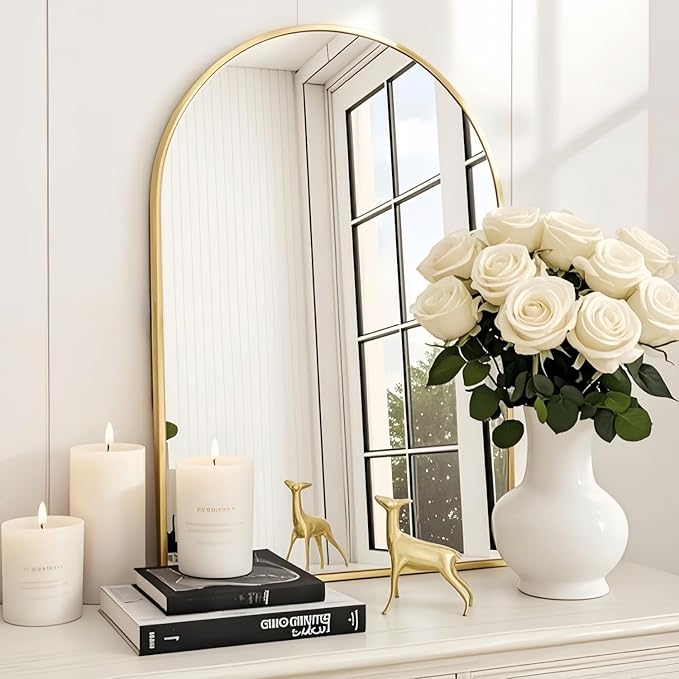 Dewfig Arched Wall-Mounted Mirror, 24"x36" Arch Bathroom Mirror, Gold Vanity Mirror for Wall Décor, Wall Mirror with Metal Frame for Bedroom, Entryway, Living Room, Brushed Gold