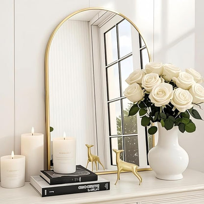 Dewfig Arched Wall-Mounted Mirror, 24"x36" Arch Bathroom Mirror, Gold Vanity Mirror for Wall Décor, Wall Mirror with Metal Frame for Bedroom, Entryway, Living Room, Brushed Gold