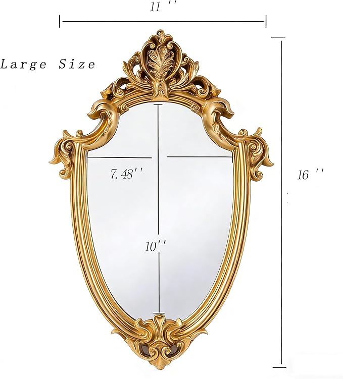 Vintage 16 x 11 Inch Large Decorative Wall Mirror Gold Shield Shape, Wall-Mounted Decorative Mirror, Retro Hanging Mirror for Entryway, Corridor, Bedroom, Living Room Vanity