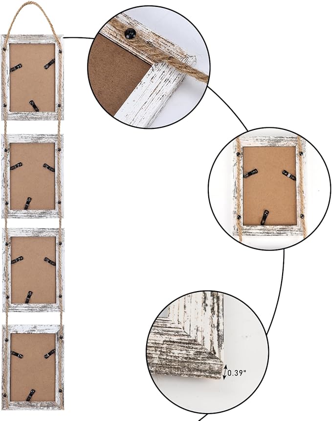 Lavezee 4x6 Hanging Collage Picture Frames Set of 2, 8 Opening Vertical Frame Made to Display 4 by 6 Inch Photo for Wall Decor, Distressed White