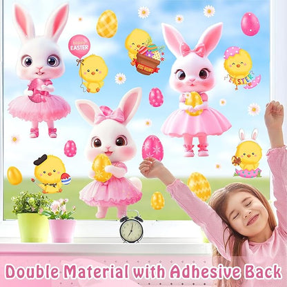 Pink Easter Window Clings Decoration Stickers for Glass Bunny Decals for Girls Bedroom Double-Side Spring Easters Eggs Cling Chick Rabbit Sticker for Living Room Kitchen Holiday Home Indoor Decor