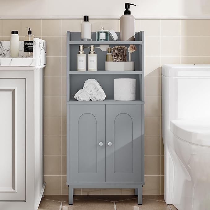 Hzuaneri Bathroom Storage Cabinet, Small Floor Cabinet with 2 Door and Shelves, Toilet Paper Cabinets, Bathroom Organizer with Adjustable Shelf, for Small Spaces Gray 7.1" D x 14.6" W x 32.7" H