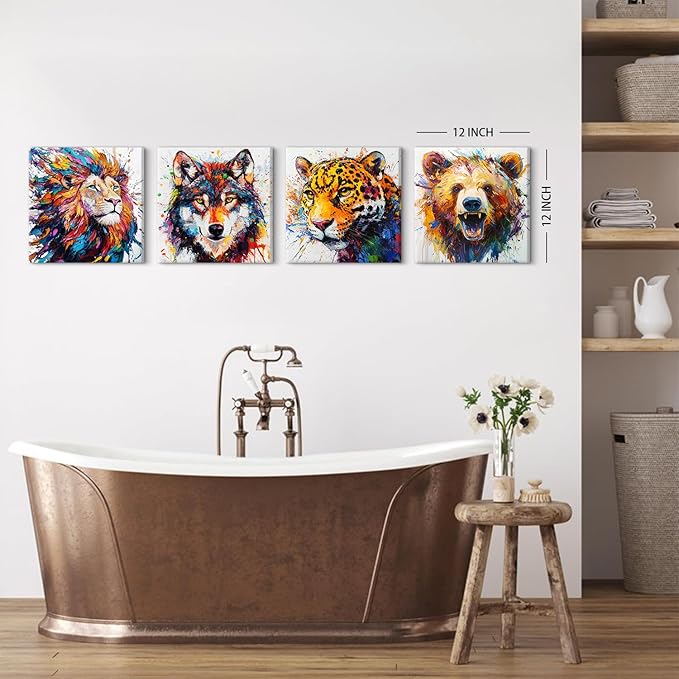 Animal Canvas Wall Art Boys Room Decor Abstract Colourful Lion Wolf Bear Tiger Pictures Kids Bedroom Watercolor Graffiti Animals Posters Nursery Paintings Toddler Artwork Framed Decorations 12x12”4Pcs