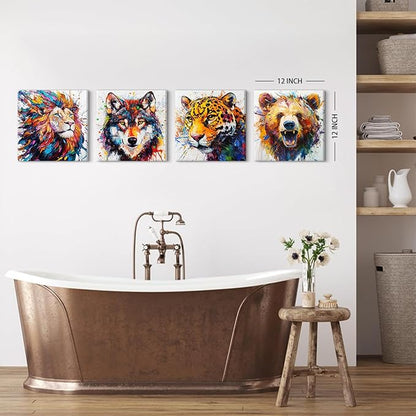 Animal Canvas Wall Art Boys Room Decor Abstract Colourful Lion Wolf Bear Tiger Pictures Kids Bedroom Watercolor Graffiti Animals Posters Nursery Paintings Toddler Artwork Framed Decorations 12x12”4Pcs