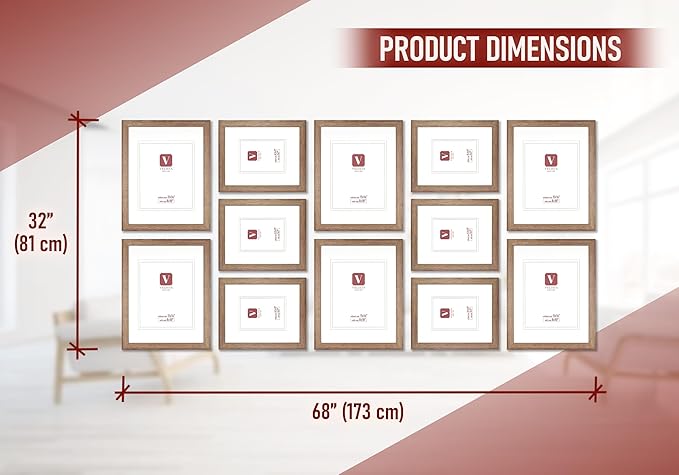 VELISTA 12 Piece Rectangle Gallery Wall Frame Set - Rustic Photo Frame Set with Mat 8x10/11x14" - Picture Frame Set for Wall Collage made of Engineered Wood – Farmhouse Assorted Picture Frames (Walnut)