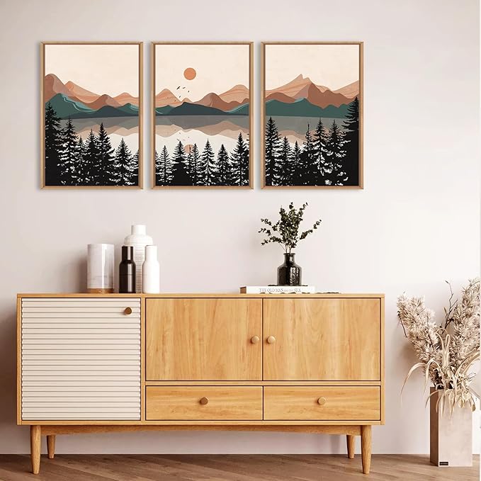 KAIRNE Vintage Mountain Lake Framed Canvas Wall Art Set, Mid Century Forest Wall Decor, Nature Pine Tree Art Prints, Modern Boho Sunset Artwork for Living Room,Bedroom,Farmhouse,Office-24 x36 x3