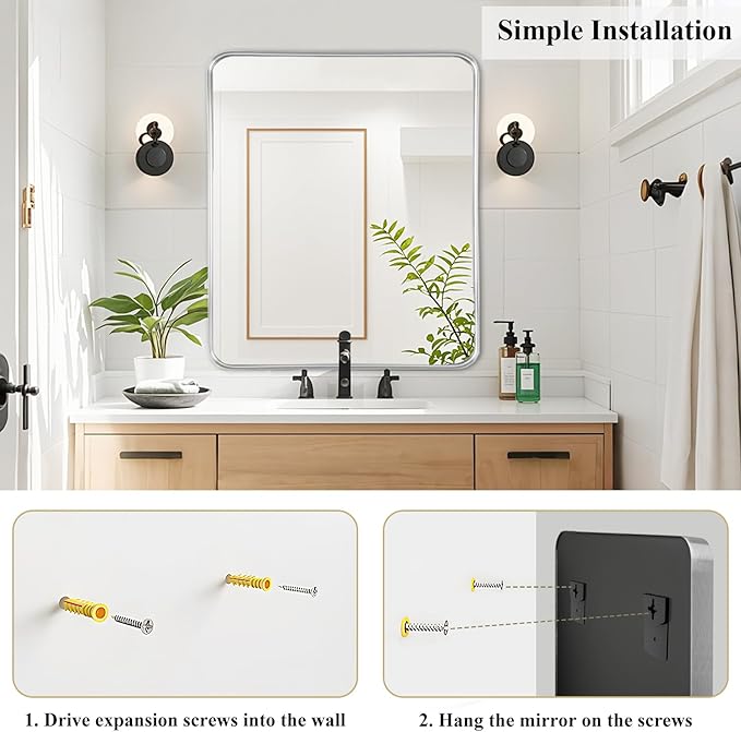 Fabuday Silver Bathroom Mirror - 30x36 Inch Over Sink Wall Mirrors for Bathroom, Rectangle Vanity Mirror for Bedroom, Living Room, Entryway, Horizontal or Vertical Hanging