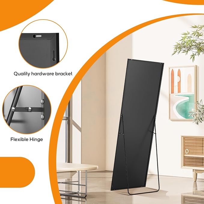 Full Length Floor Mirror, 15.75"x59" Full Body Standing Mirrors with Shatter-Proof Glass, Floor or Wall Mount, Hanging or Leaning, Aluminum Alloy Frame for Home Decor, Black