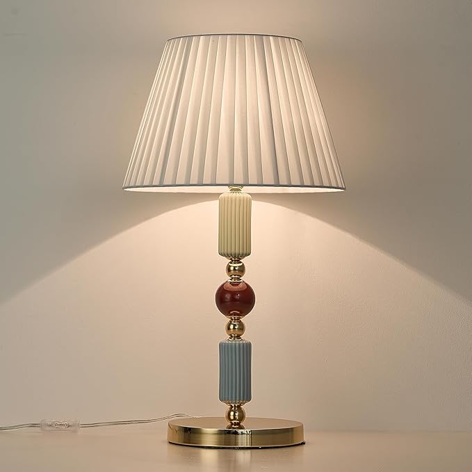 White Fabric Shade Table Lamp Modern Metal Desk Lamp with Plug Cord Switch for Bedroom Bedside