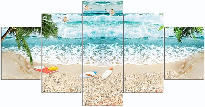 Surfing Seascape Landscape Paintings Canvas Wall Art for Living Room Bedroom Home Decor Waves Beach Picture Modern 5 Piece Framed Stretched Gallery Wrap Giclee Prints and Posters (60''W x 32''H)