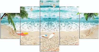 Surfing Seascape Landscape Paintings Canvas Wall Art for Living Room Bedroom Home Decor Waves Beach Picture Modern 5 Piece Framed Stretched Gallery Wrap Giclee Prints and Posters (60''W x 32''H)