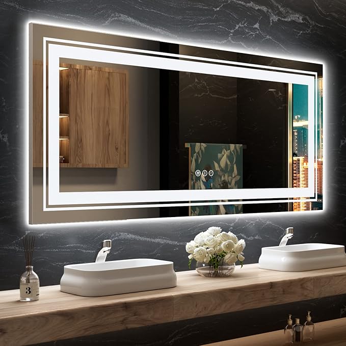 Snowdool LED Bathroom Mirror, 72"X32" with Front and Backlit, Anti-Fog, Large Bathroom Vanity Mirror for Wall, Memory Function, Stepless Dimmable, Tempered Glass (Horizontal/Vertical)
