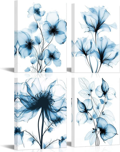 KREATIVE ARTS Blue Flickering Flower Canvas Wall Art - Modern Abstract Paintings, 4 Pcs, 12x16 Each, Graceful Floral Pictures, Gallery Wrapped for Living Room, Bedroom, Office Home Decor
