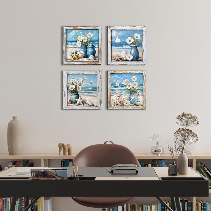 Coastal Wall Art Nautical Bathroom Decor Vintage Beach Theme Pictures Wall Art Vintage Beachy Paintings Canvas Prints Watercolor Flowers Posters Blue Seascape Framed Artwork Home Decorations 12x12”