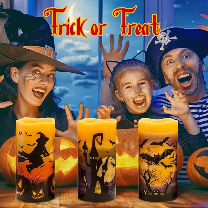 Rechargeable Halloween Flameless Candles Battery Operated with 6 Hour Timer Real Wax Flickering LED Pillar Candles Bats Witch Pumpkin Dinner Halloween Indoor Deocration(3 Pack, 3" D x 6" H)