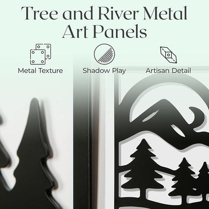 GALLERY GRACE Metal Wall Art Decor – 11" x 16" Set of 4 Abstract Landscape Panels for Living Room, Office, or Bedroom – Minimalist Single Line Black Wall Art with Mountains, Trees, and Sunrise