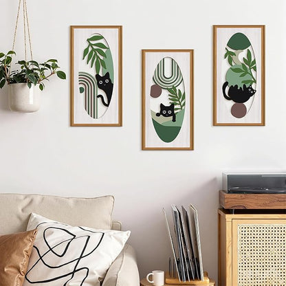 Celestdeco Boho Black Cat Wall Decor,Green Boho Wall Art,Mid Century Modern Decor Kitty,Abstract Geometric Line Artwork Cats,Green Plants Bohemian Botanical Cat Wood Art for Home Bedroom Living Room
