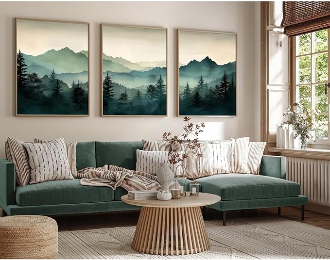 Mountain Wall Art Decor Set of 3 Sage Green Forest Canvas Wall Art Prints Nature Landscape Wall Decor Watercolor Pine Tree Pictures Abstract Modern Painting for Living Room Bedroom 12x16 Inch Unframed