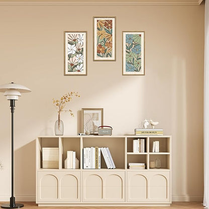 KAIRNE Vintage Colorful Floral Wooden Wall Art Set of 3,Abstract Boho Wood Decoration,Mid Century Modern Flower Wall Decor,Minimalist Wildflower Artwork for Living Room Bedroom Office,8X16 inch
