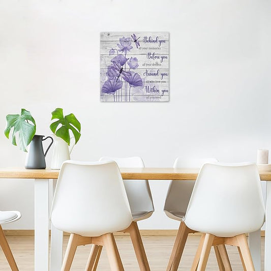LB Purple Floral Inspirational Wall Art Flower and Dragonfly on Wood Board Canvas Wall Art Motivational Wall Decor for Living Room Bedroom Bathroom Home Framed Ready to Hang 12L x 12W Inch