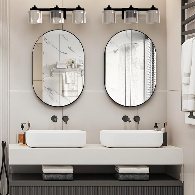 2 Piece Oval Bathroom Mirror Capsule Wall Vanity Mirror, 20"x30" Pill Mirrors Wall Mounted Mirror, Large Modern Mirror with Black Metal Frame, Decor for Entryway, Bedroom, Living Room