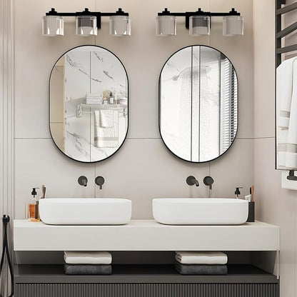 2 Piece Oval Bathroom Mirror Capsule Wall Vanity Mirror, 20"x30" Pill Mirrors Wall Mounted Mirror, Large Modern Mirror with Black Metal Frame, Decor for Entryway, Bedroom, Living Room
