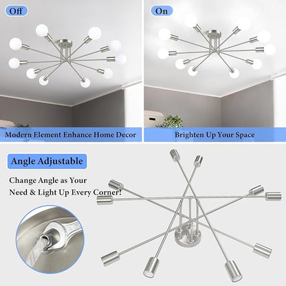 Semi Flush Mount Ceiling Light Fixture, 10-Light Modern Brushed Nickel Sputnik Chandelier Industrial Ceiling Lamp for Kitchen Dining Room Living Room Bedroom Foyer