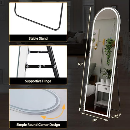 Sweetcrispy Arched Full Length Mirror with LED Lights, 63"x21" Lighted Full Body Floor Mirror with Dimming & 3 Color Lighting, Stand for Bedroom, Dressing Room, White