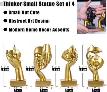 Gold Abstract Thinker Figurine Set of 4, Home Art Face Small Statue for Accents Decor Women Bedroom Shelf Bookcase Room Desk, TV Stand, Coffee Table Decor, Art Sculpture Gifts for Women (Gold)