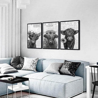 Black White Floral Highland Cow Canvas Wall Art Farmhouse Vintage Flower Cow Poster for Kitchen Wall Decor Funny Animal Print Artwork for Living Room Gallery Decoration 16x24inchx3pcs,Black Framed