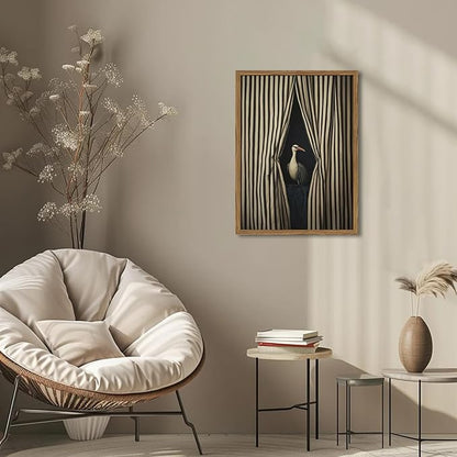 Framed Moody Crane Wall Art, Eclectic Vintage Bird Pictures Wall Decor Paintings, Surreal Humorous Animal with Black and White Striped Canvas Prints for Living Room Bedroom Bathroom Dorm 16x24 inch