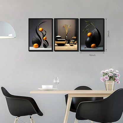 raiqtols Modern Abstract Framed Wall Art for Living Room Set of 3 – Bright Style Orange Still Life Canvas Prints, Smooth Surface Vase Wall Decor with Black Wood Frame for Bedroom Bathroom Office – 16x24in