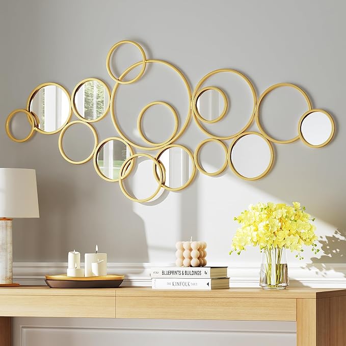 PERHOM Multiple Circles Wall Mirror - 58"x27" Large Gold Modern Decorative Mirror for Home Decor - Thick Metal Framed Split Wall Art Sculptures for Living Room, Entryway, Bedroom, Dinner Room