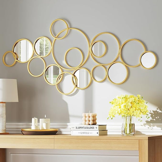 PERHOM Multiple Circles Wall Mirror - 58"x27" Large Gold Modern Decorative Mirror for Home Decor - Thick Metal Framed Split Wall Art Sculptures for Living Room, Entryway, Bedroom, Dinner Room