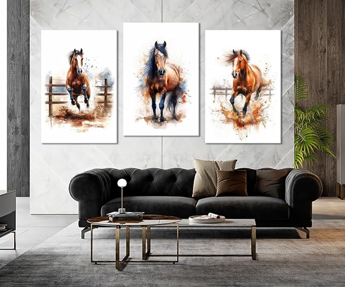 Horses Wall Art 3 Panels Watercolor Animals Pictures Prints Artwork Running Horses Posters Wall Decor Living Room Bedroom Home Office Decor, Framed 24" W x 36" H x 3pcs