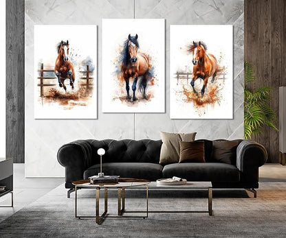 Horses Wall Art 3 Panels Watercolor Animals Pictures Prints Artwork Running Horses Posters Wall Decor Living Room Bedroom Home Office Decor, Framed 24" W x 36" H x 3pcs